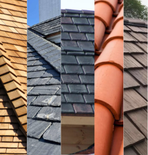 Five different roofing materials: wood, slate, dark tile, clay tile, and brown tiles.
