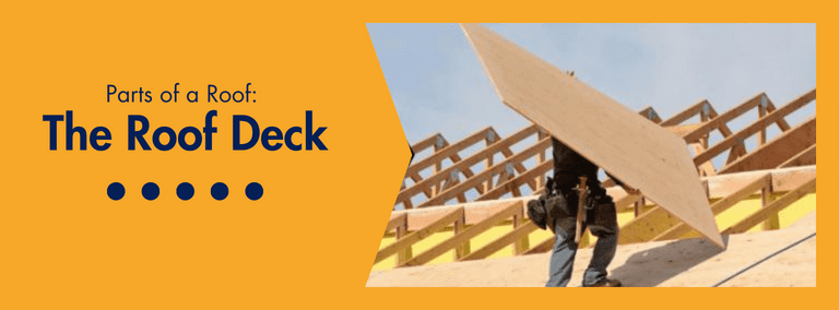A construction worker installing a roof deck. The background shows roof trusses against a blue sky.