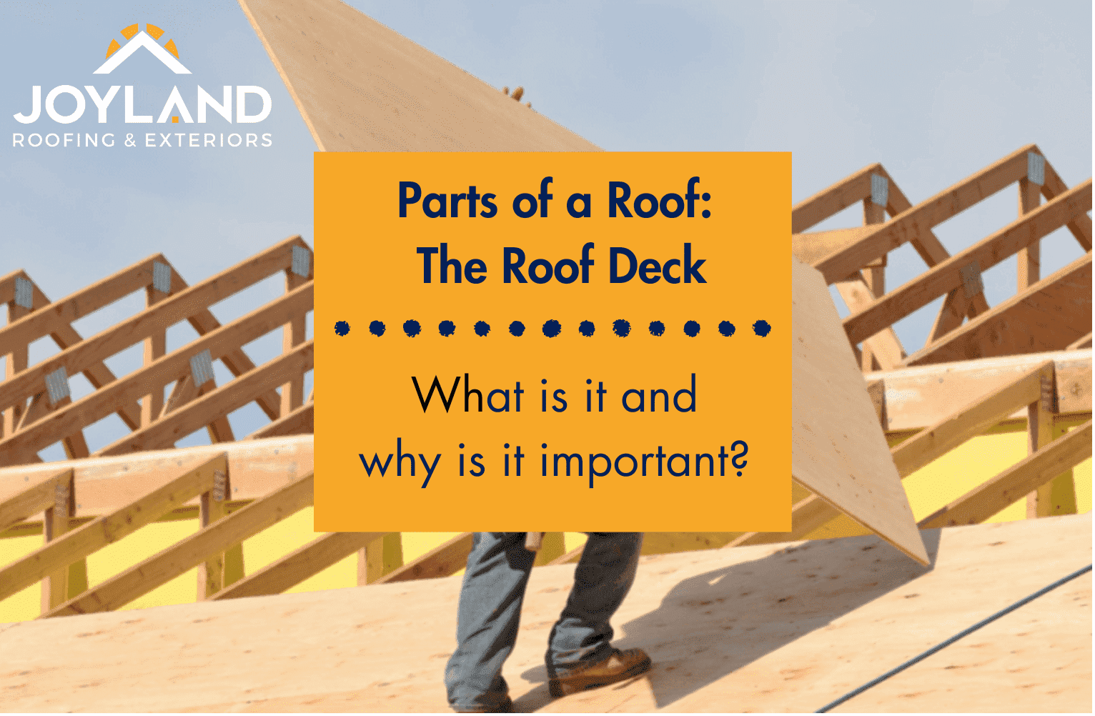 Man carrying a large wooden panel on a roof under construction. Text overlay: 