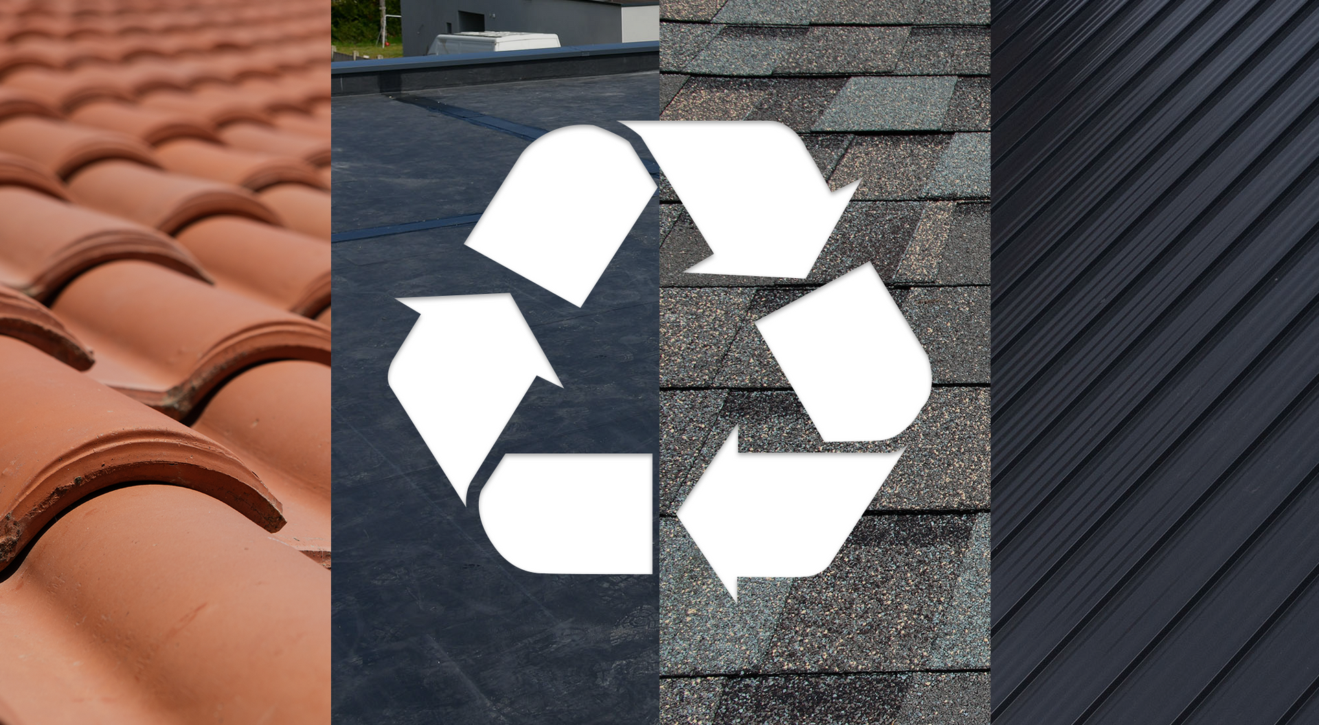 Roofing materials with a recycling symbol.