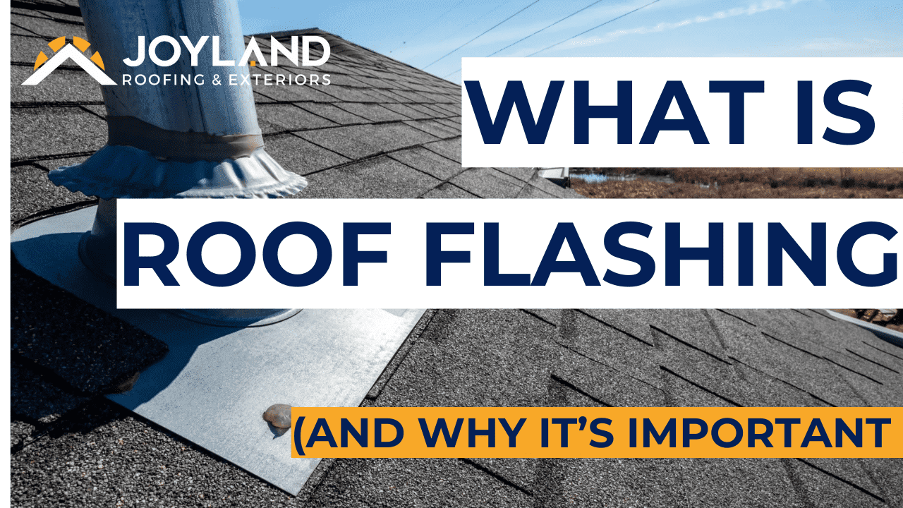 A roof with flashing around vents and pipes, text overlays: 