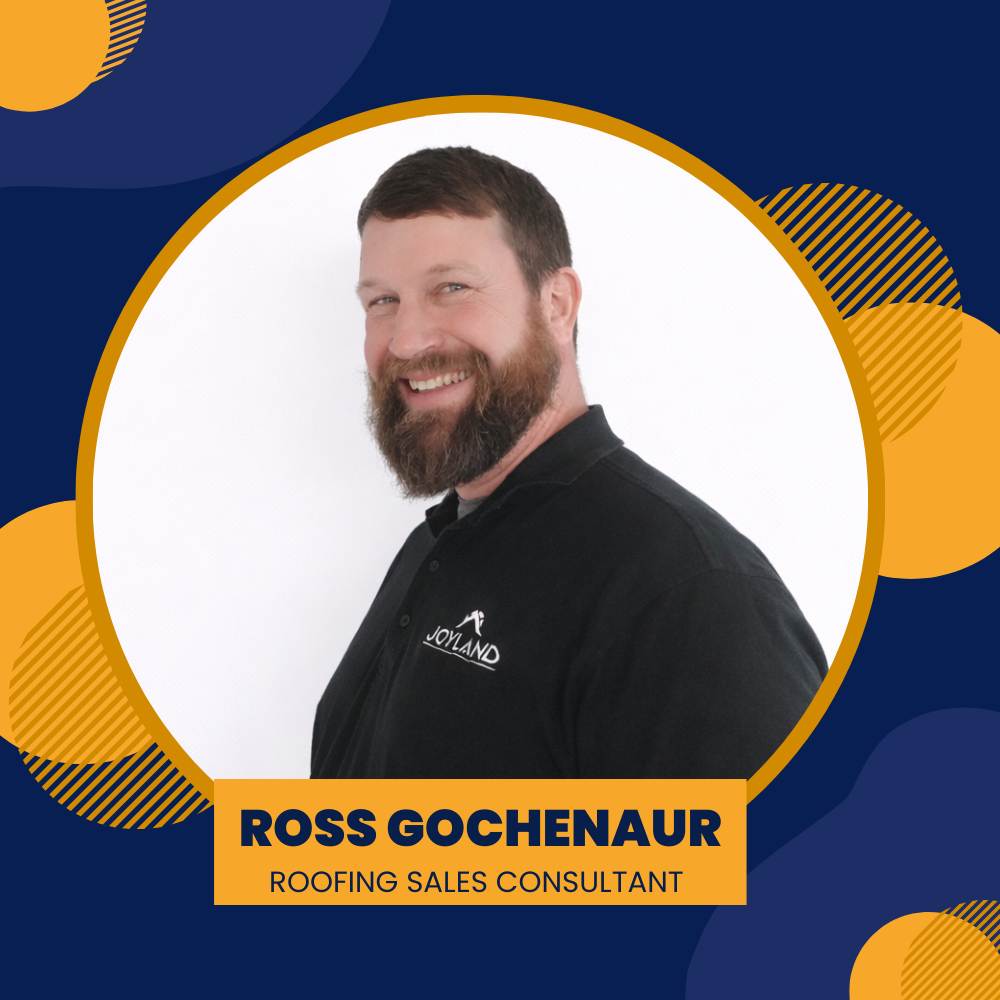 Logo for Joyland Roofing, featuring a roof icon with a sun design, business name, and sales consultant name.