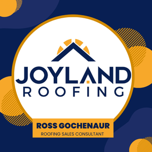 Logo for Joyland Roofing, featuring a roof icon with a sun design, business name, and sales consultant name.