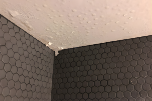 White ceiling with peeling paint in the corner of a bathroom with gray honeycomb tile.