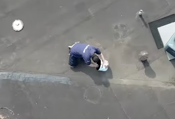 Person on a flat roof, applying something from a bucket.