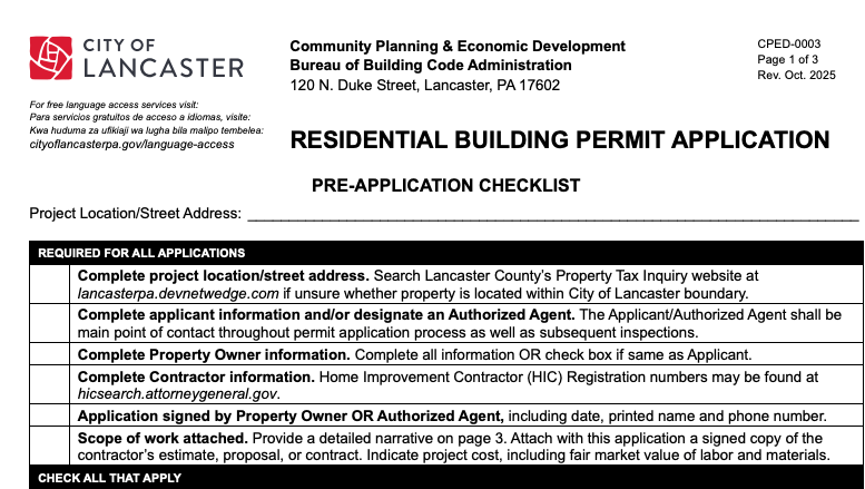 Residential Building Permit Application form from Lancaster, PA, with pre-application checklist.