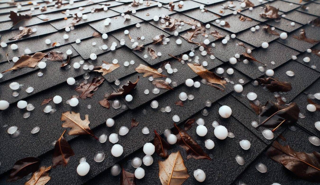 Hail and leaves on a dark shingle roof.