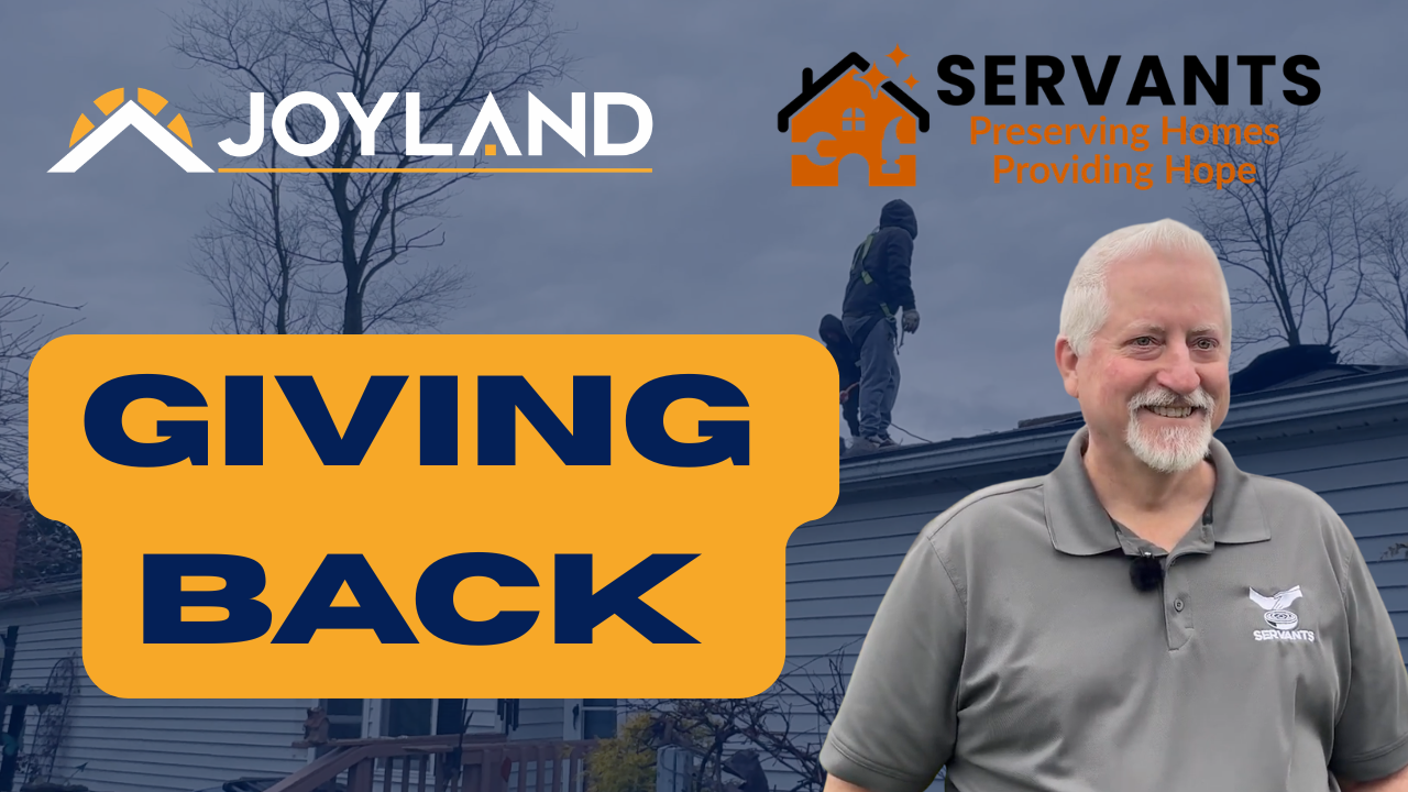 A smiling man stands in front of a house roof while a worker repairs shingles; branding for Joyland and Servants appears.