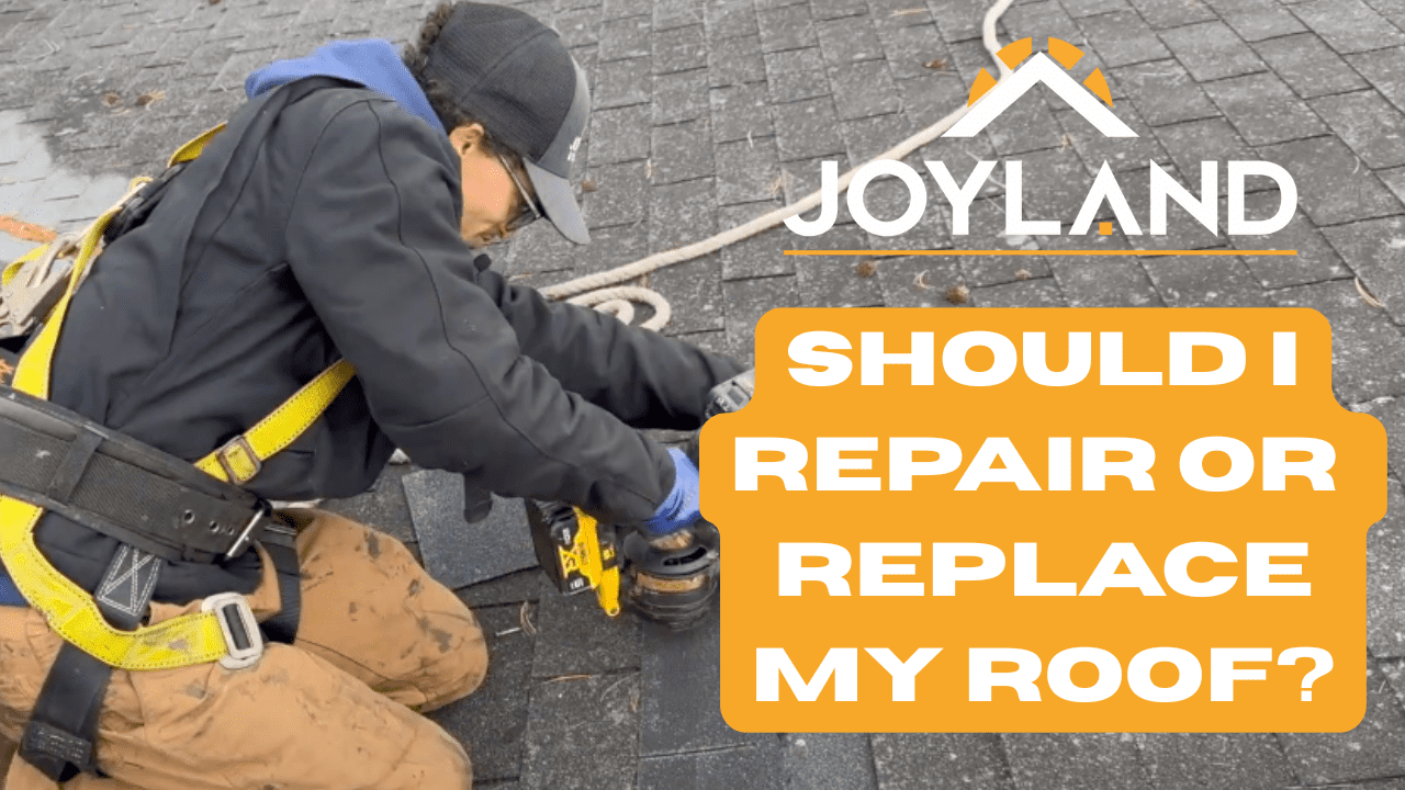 Roofer on a roof, working. Text overlay: 