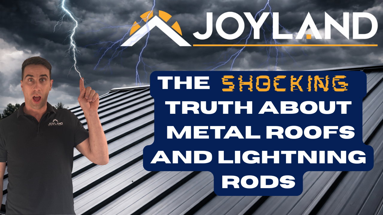 Man pointing at text about metal roofs and lightning rods, with lightning and a logo.