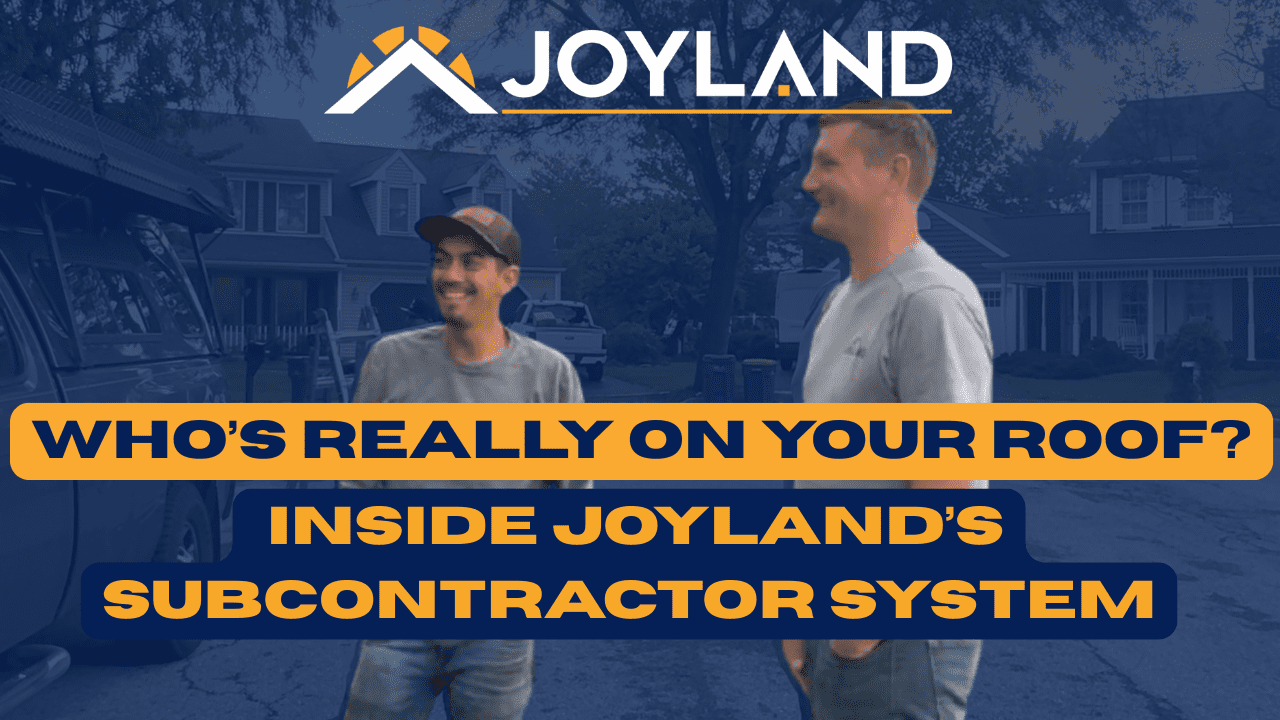 Two men in front of houses with text: 