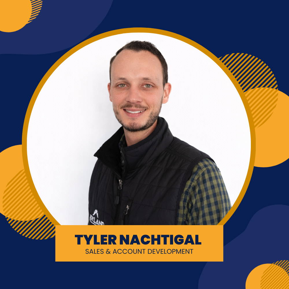 Logo for Joyland Roofing: white circle with blue text, yellow accents, and roof icon, with Tyler Nachtigal's name and title.