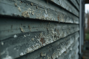 Close-up of a roof with buckled, discolored asphalt shingles in shades of blue, gray, and red.