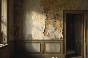 Gutter filled with leaves on a house roof, with a yard and trees in the background.
