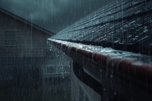 Water over flowing spills from the gutter during rain