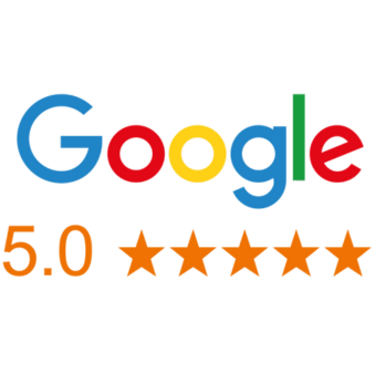 Google logo with 5.0 rating and five orange stars.