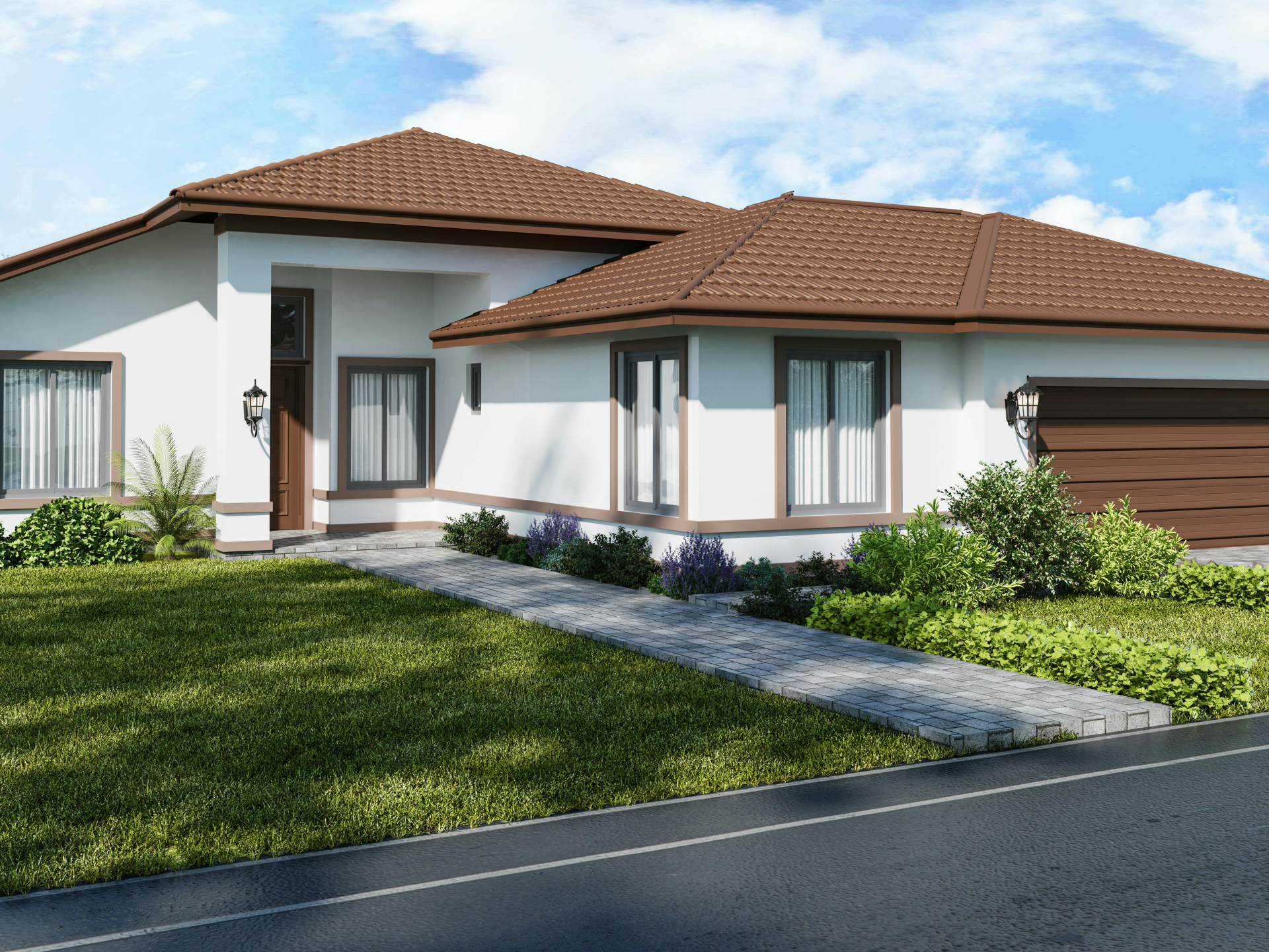 Two-story gray house with black shutters, white garage doors, and a blue sky with clouds.