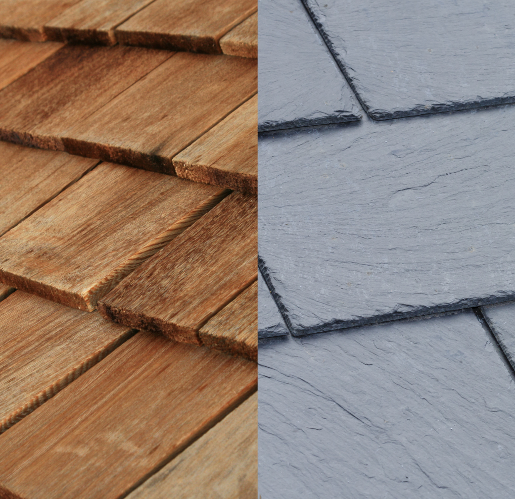 Wood shingle roof compared to slate tile roof; wood is brown, slate is grey.