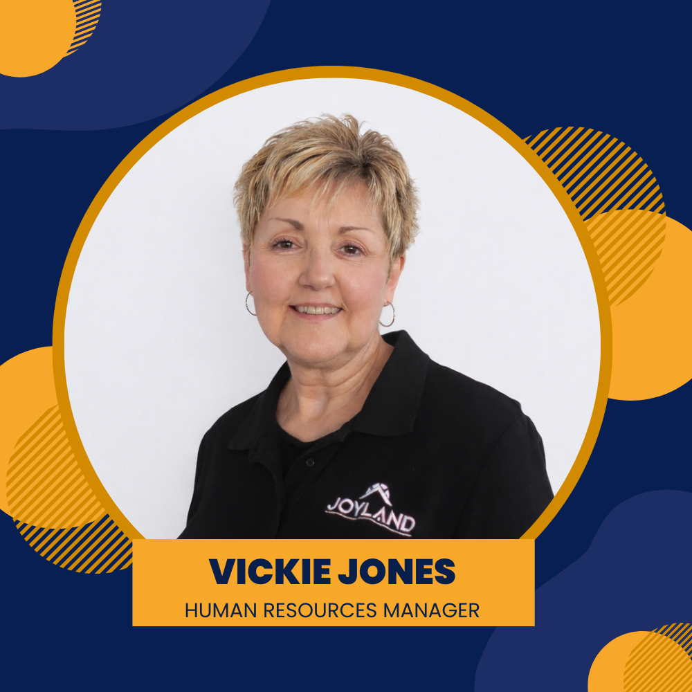 Logo for Joyland Roofing, with a roof icon, company name, and Vickie Jones, Human Resources Manager.