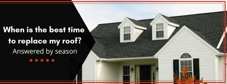 White house with black roof, text: When is the best time to replace my roof? Answered by season.