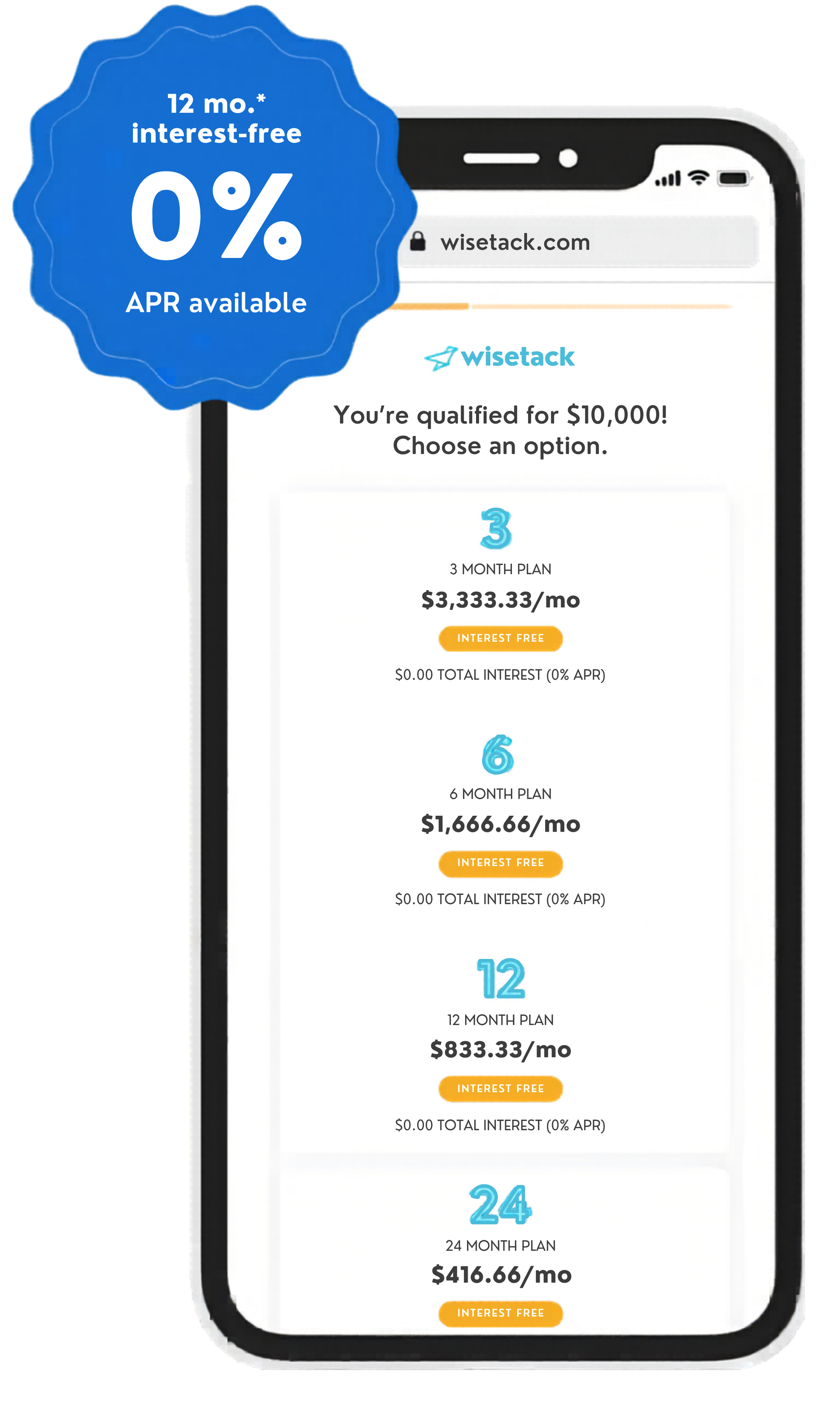 Smartphone showing payment options with zero-percent interest. Blue badge.