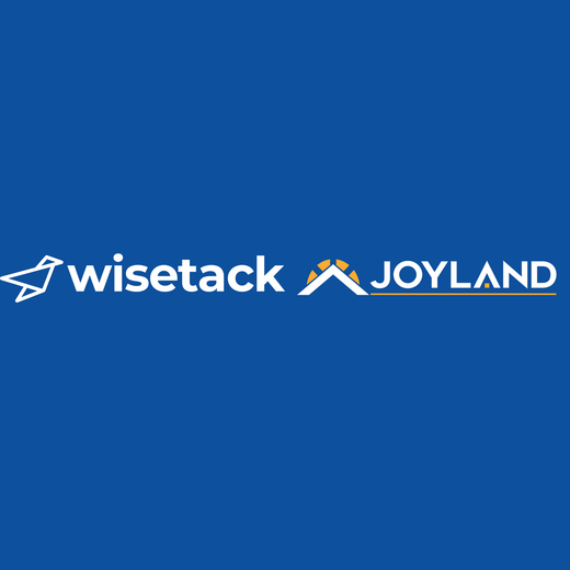 Logo for Wisetack and Joyland. Blue background with white text and a bird icon.