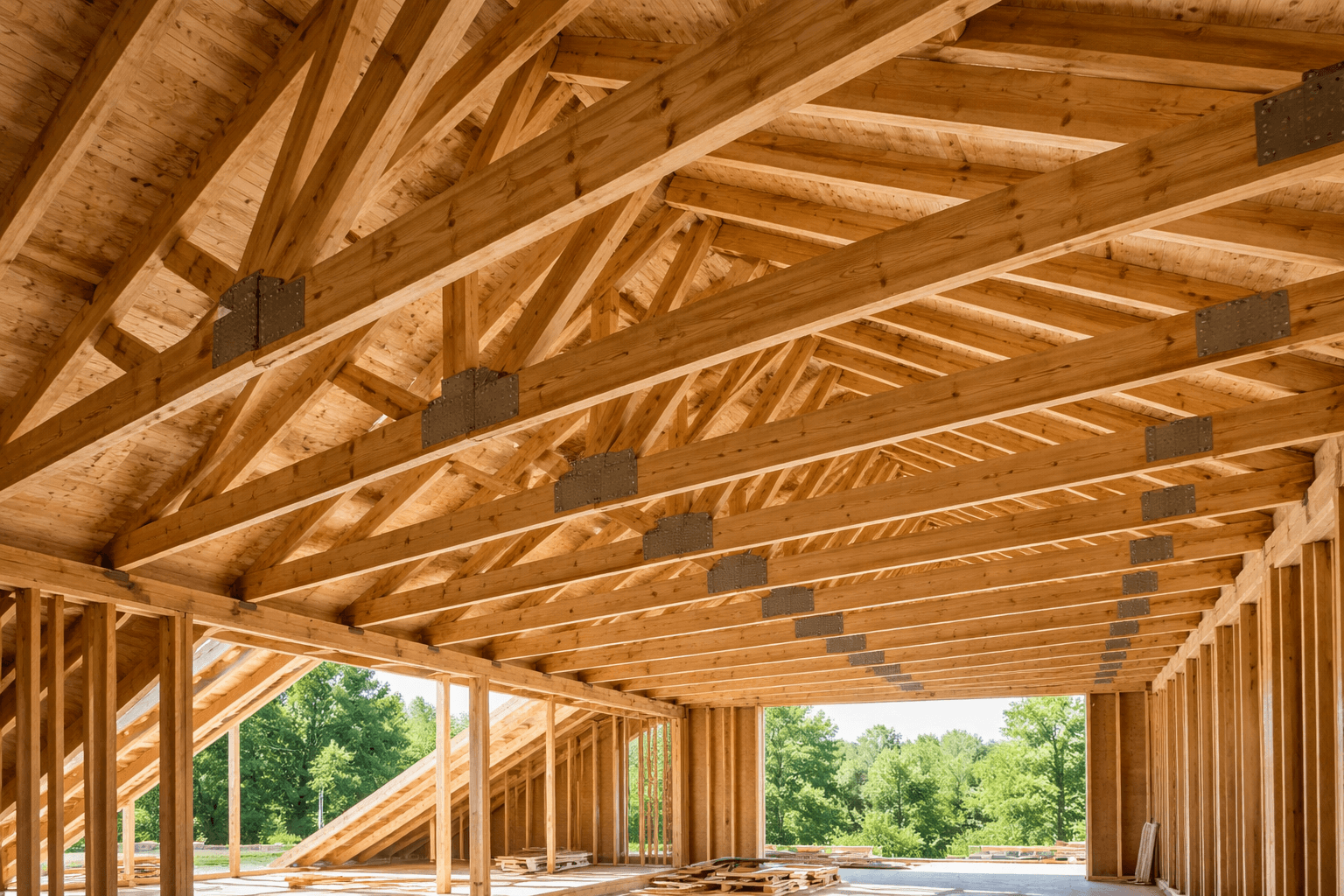 Wooden roof trusses under construction with metal plates and sunlight filtering through
