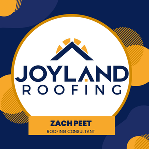 Joyland Roofing logo: white circle, blue and orange accents, house symbol, 