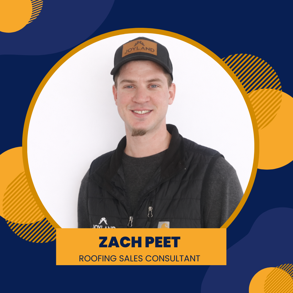 Joyland Roofing logo: white circle, blue and orange accents, house symbol,