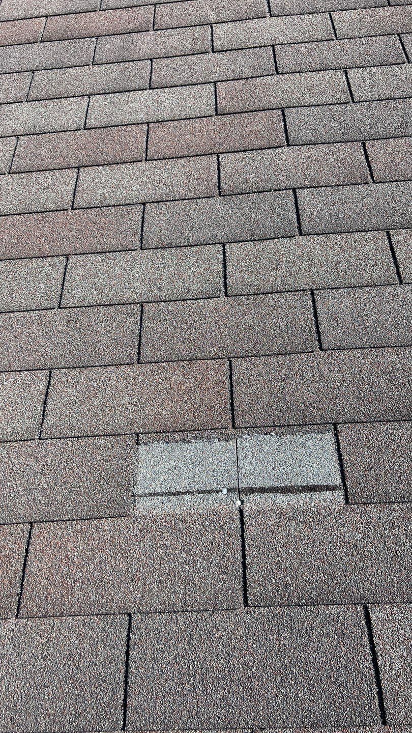 Close-up of a shingle roof with some shingles having a faded, grayish appearance.