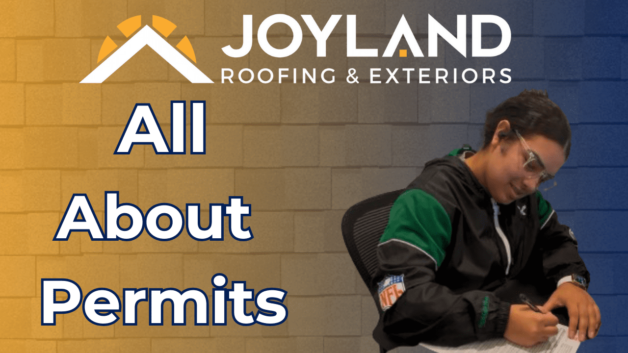 Person in protective eyewear drawing plans, with Joyland Roofing logo and “All About Permits” text.