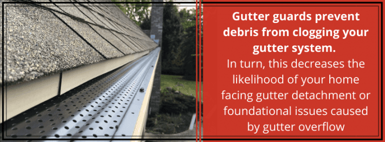 Gutter with guard, preventing debris. Red text explains benefits: less clogging, detachment, and foundational issues.