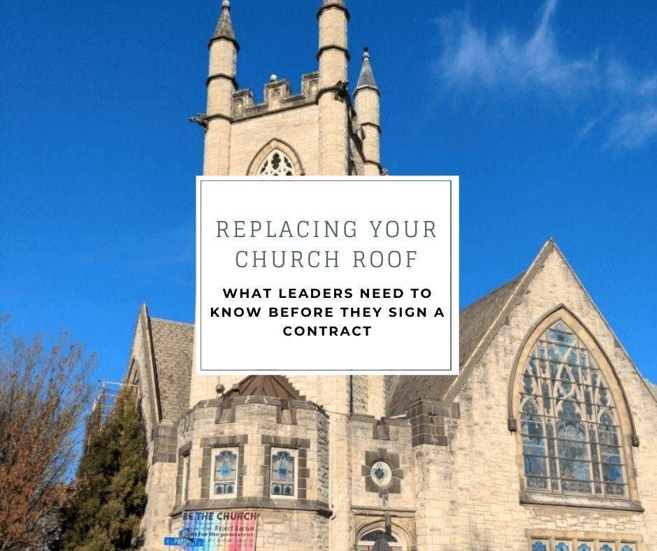 Church exterior with text overlay: 