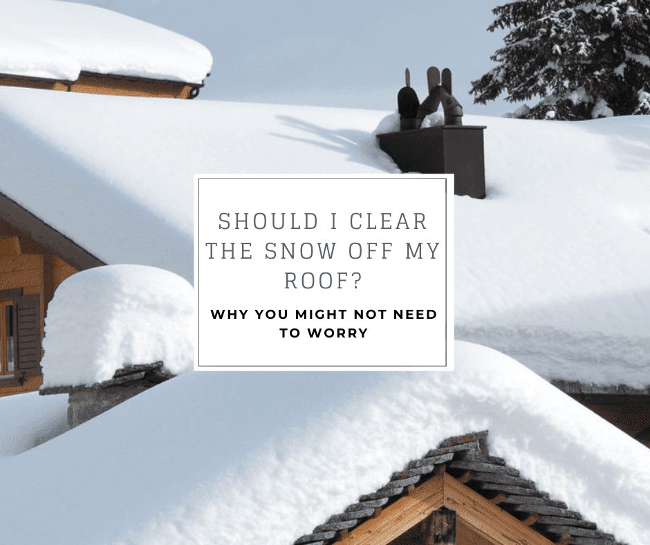 Snow-covered roof with text: 