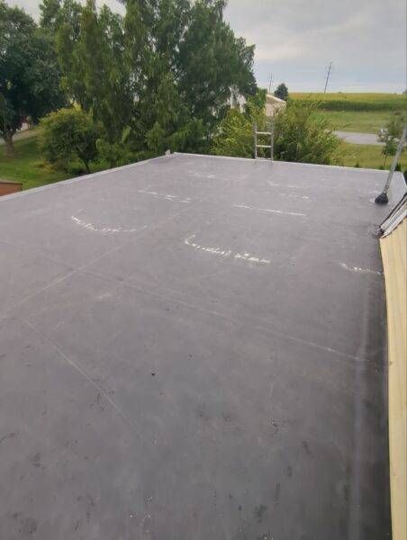 Flat, dark grey roof with visible wear, trees, and ladder in background under cloudy sky.