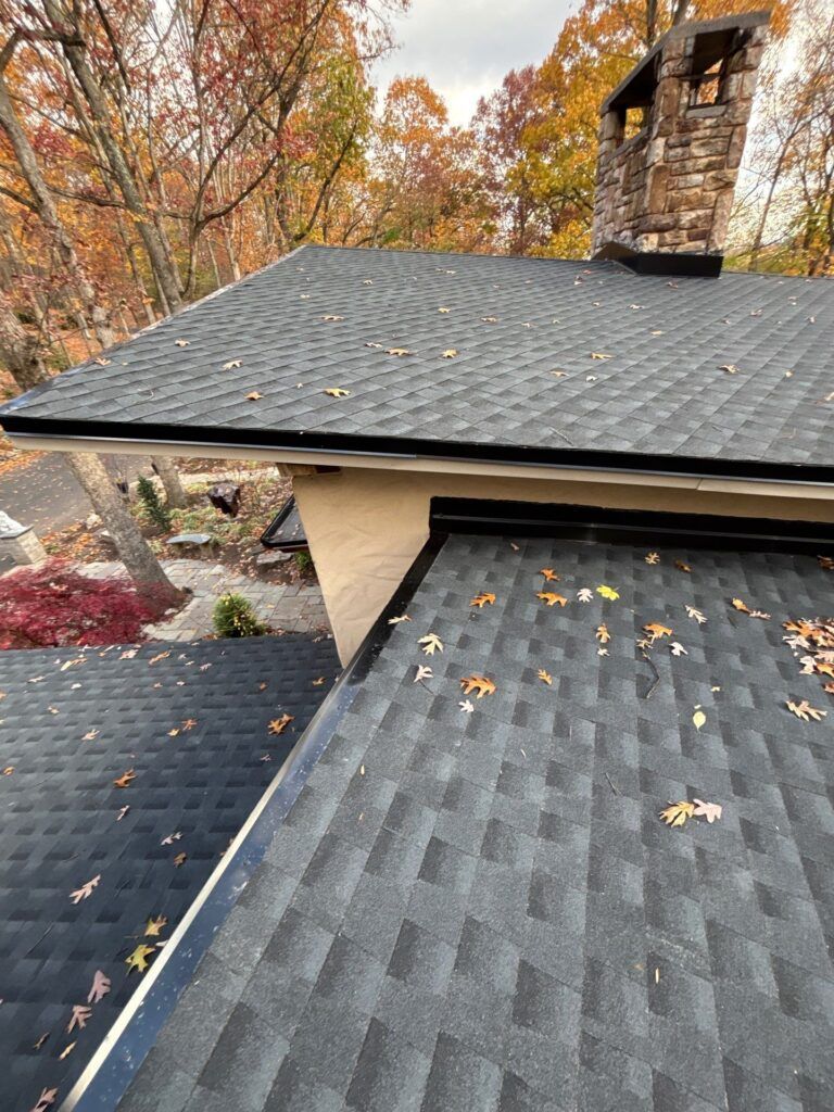 Black shingle roof with fallen leaves. Stone chimney in the background. Autumn foliage in the distance.