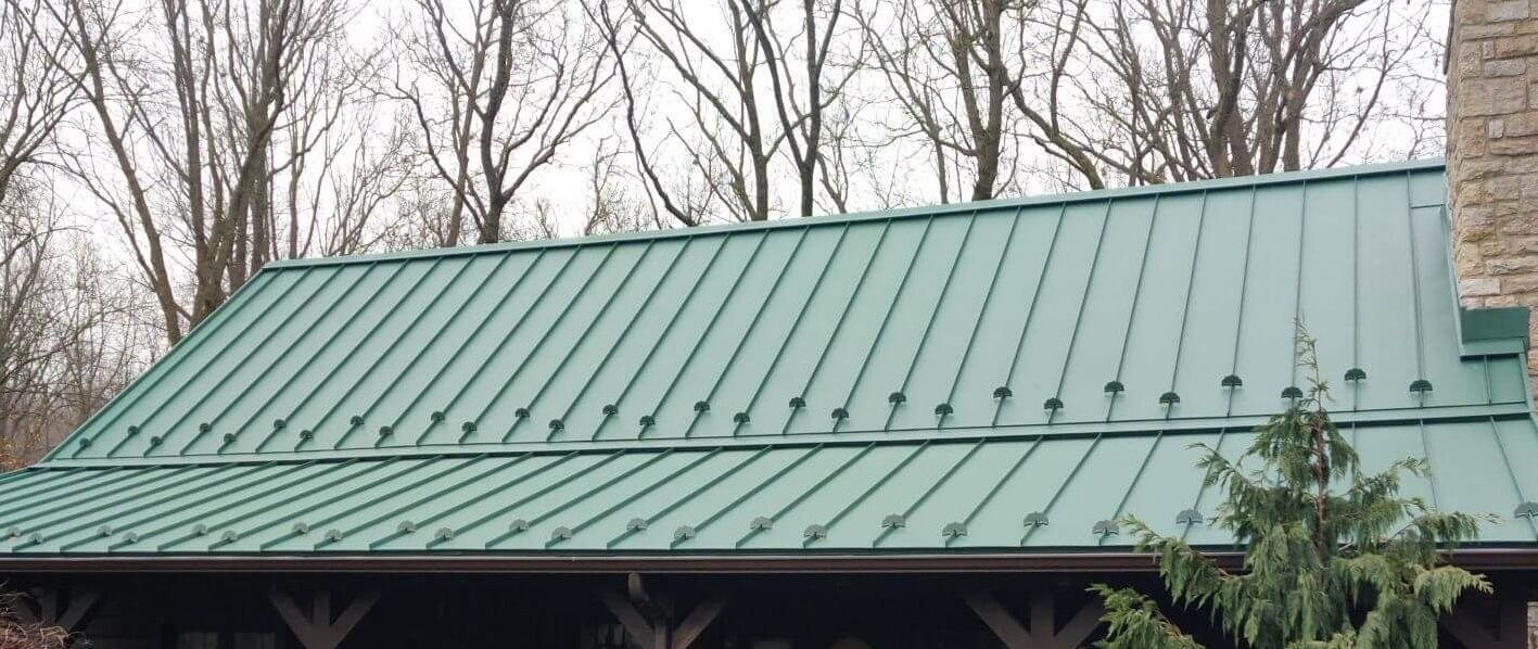 Green metal roof with vertical seams on a building with bare trees in the background.