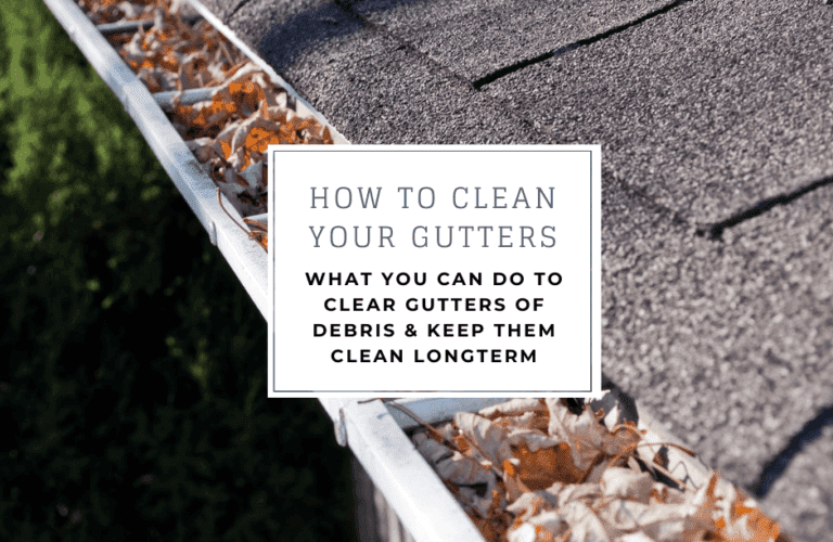 Gutter filled with leaves with text overlay: 