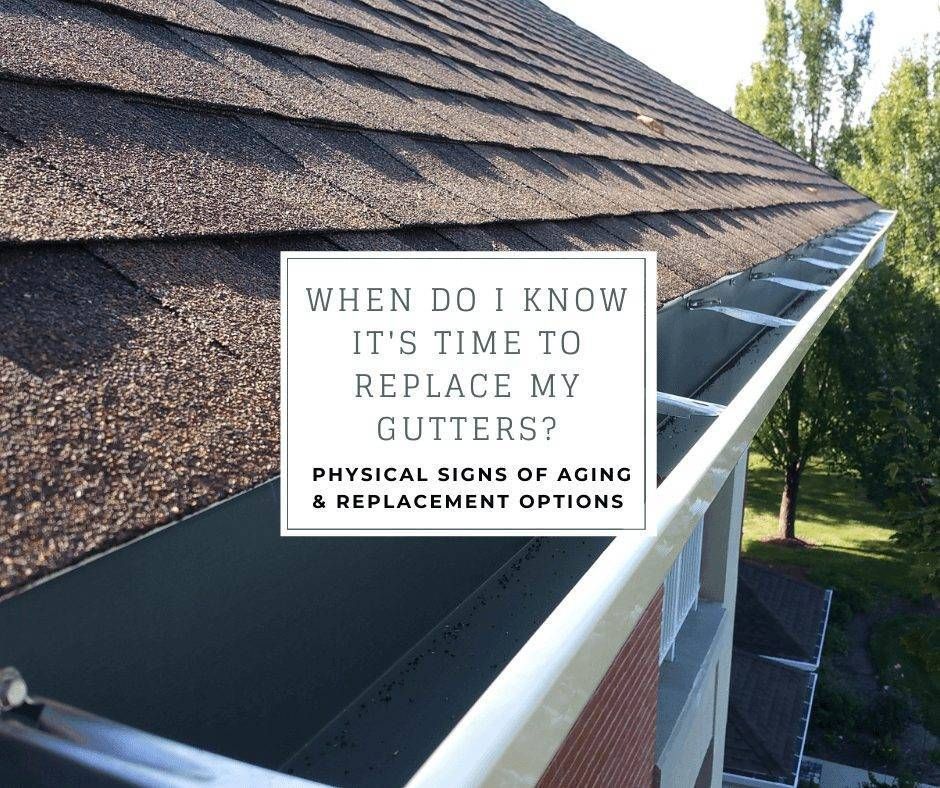 Gutter replacement guide: text overlay on a close-up of a house's roof, gutter, and siding.