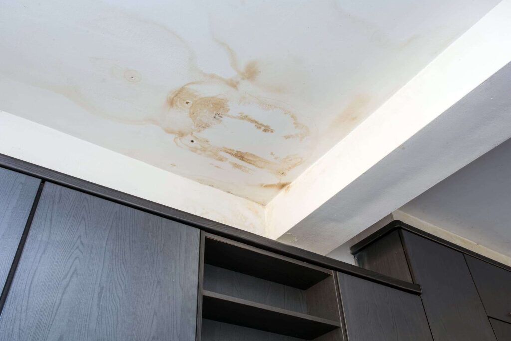 Brown water stains on a white ceiling above dark cabinetry, indicating a water leak.