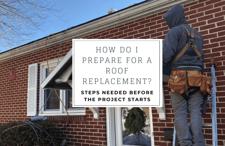 Man on ladder near a brick house, text: 