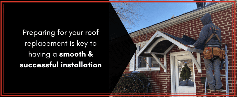 Roofer on ladder replacing porch roof during roof installation.