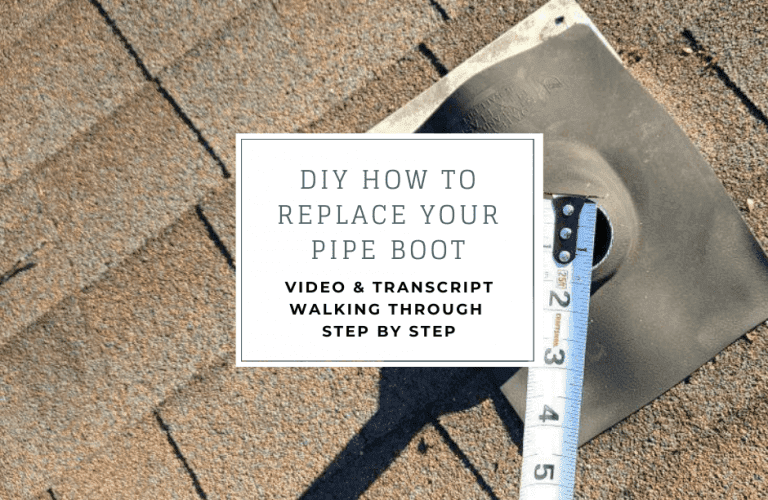 A close-up of a roof with a pipe boot being measured. Text reads: 
