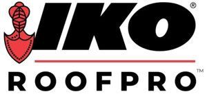 IKO Roofpro logo with red shield and helmet graphic. Black letters IKO over ROOFPRO in black text.