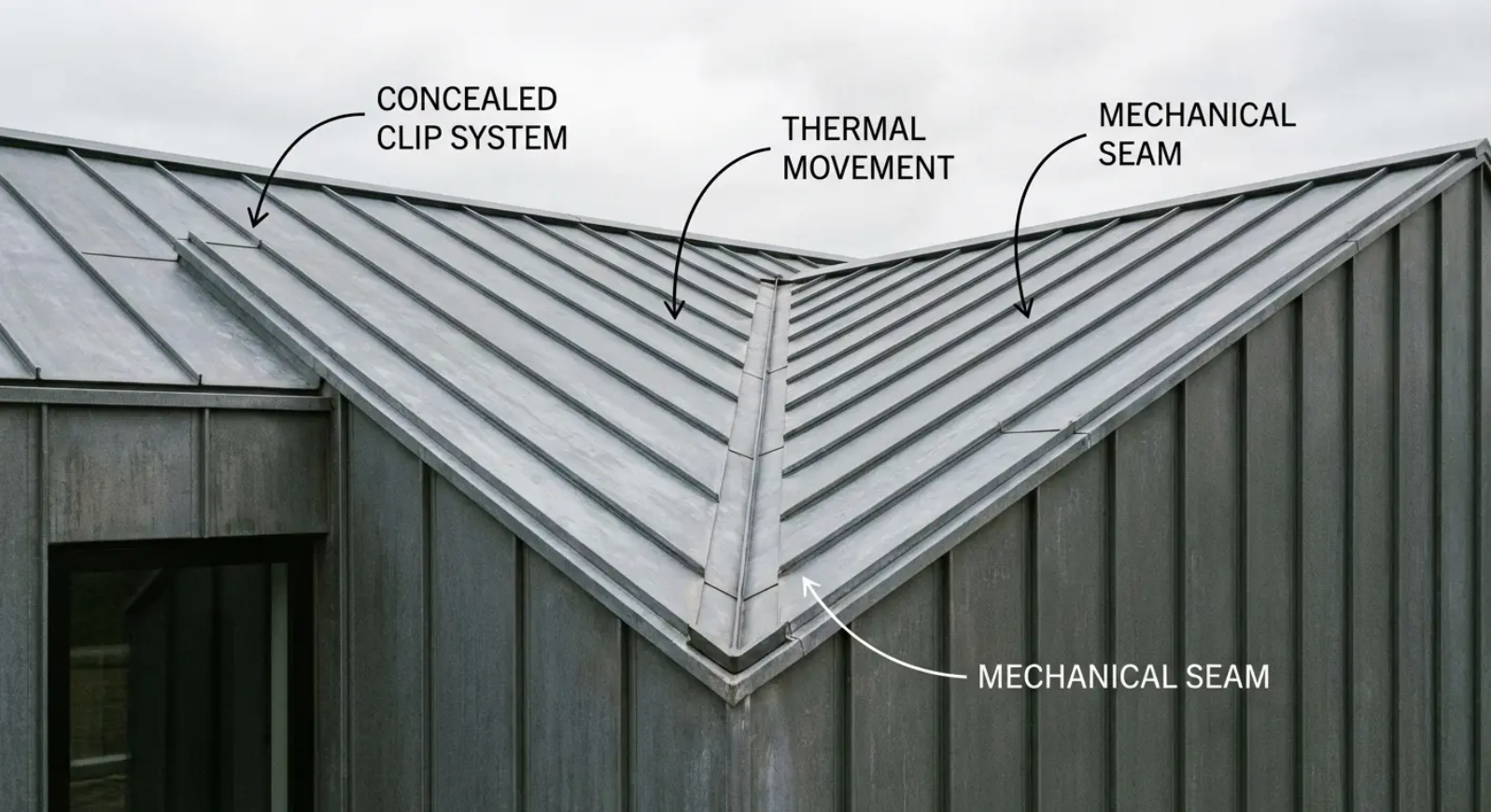 Close-up of a metal roof with labels pointing out the concealed clip system, thermal movement, and mechanical seams.
