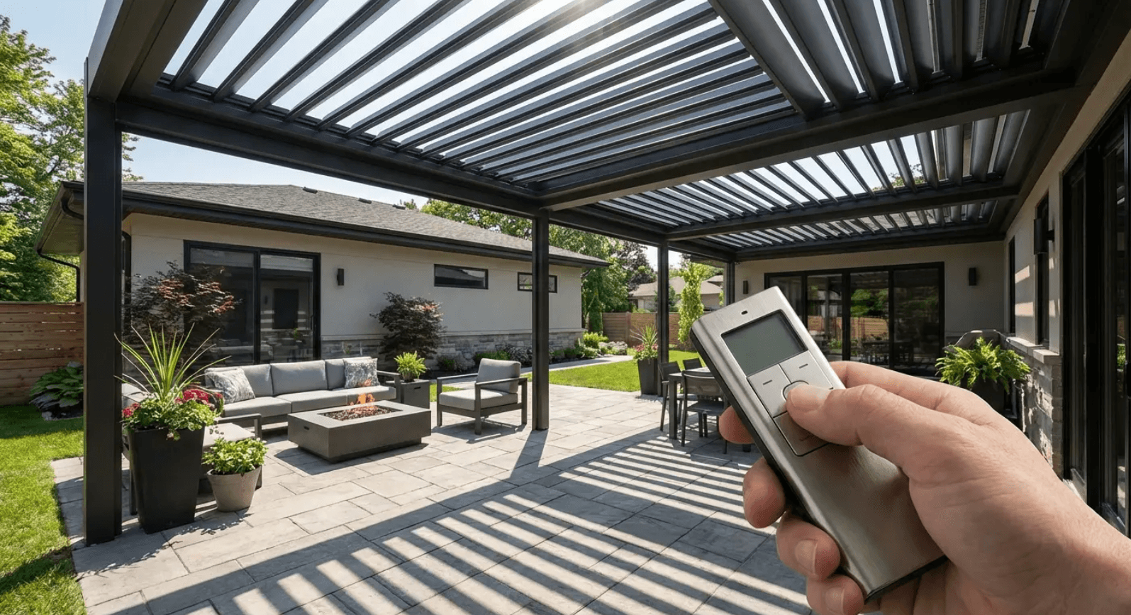 Modern adjustable louver system as a flexible extension patio roof idea for controlling sunlight and airflow