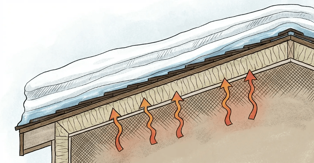 Snow guards installed on a roof controlling snow buildup caused by heat loss and preventing sudden 