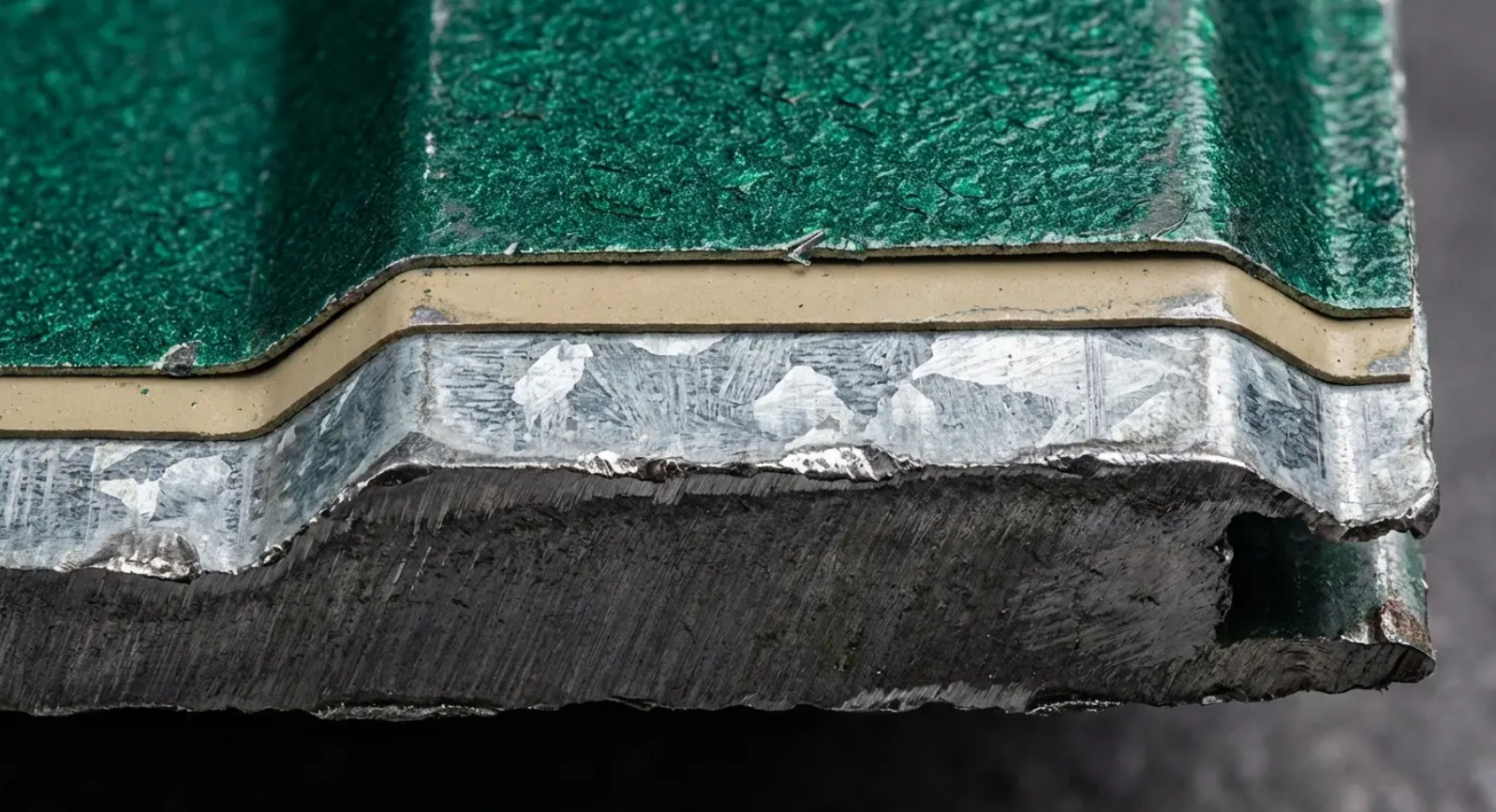Close-up cross-section showing protective coating layers essential to durable metal roofing.