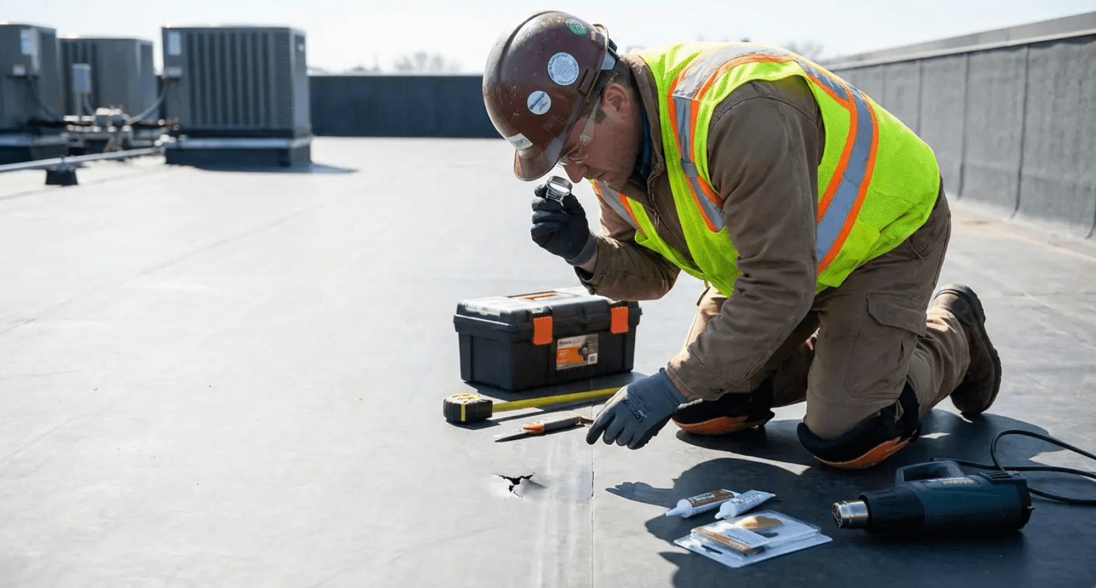 Contractor inspecting a commercial flat roof, showing factors that affect how long flat roofs last s