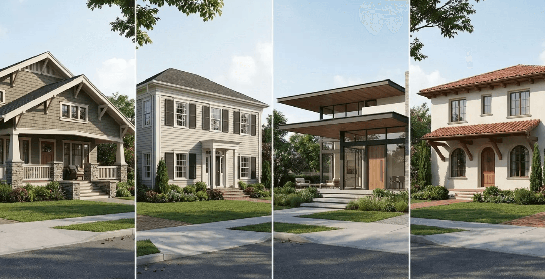 Various home styles demonstrating how roof overhang ideas vary across architectural designs and proportions